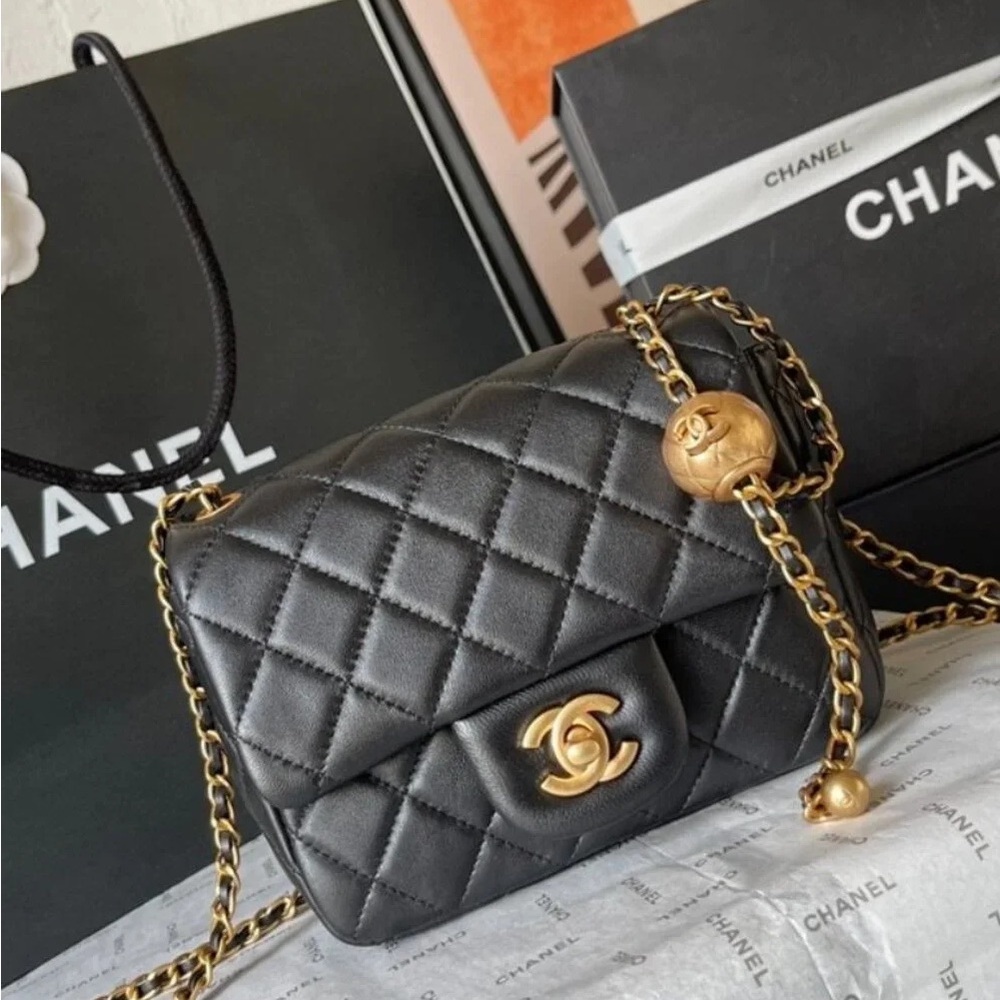 Chanel Lambskin Mini Flap Gold Ball Crossbody Bag Black